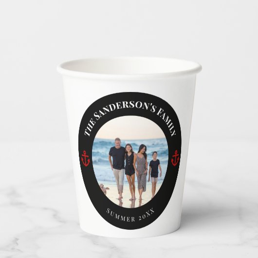 Persoonlijke foto in zwarte cirkel met rode anker papieren bekers (Achterkant)