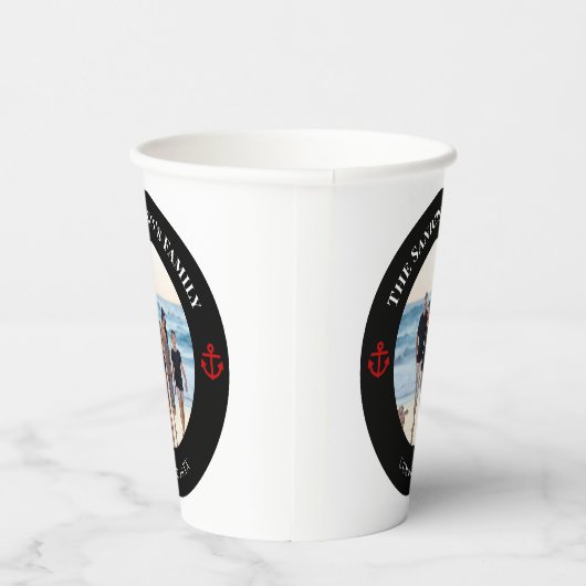 Persoonlijke foto in zwarte cirkel met rode anker papieren bekers (Rechts)