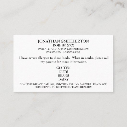 Persoonlijke foto-informatie over de allergie voor visitekaartje (Achterkant)