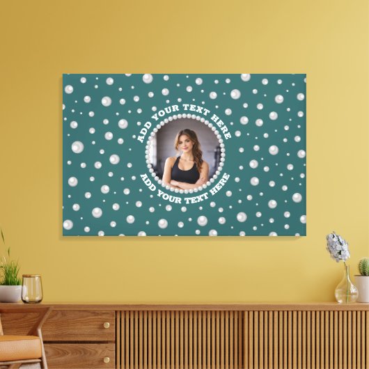 Persoonlijke foto met parels cirkel op turquoise canvas afdruk (Insitu (Woonkamer))