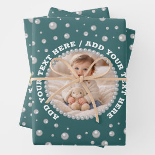 Persoonlijke foto met parels cirkel op turquoise inpakpapier vel