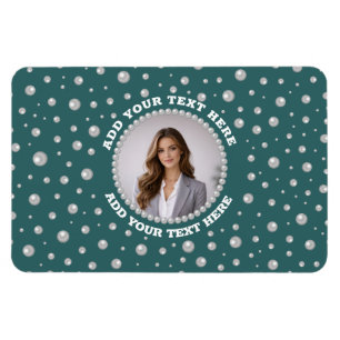 Persoonlijke foto met parels cirkel op turquoise magneet