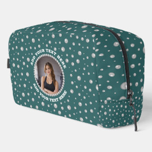 Persoonlijke foto met parels cirkel op turquoise toilettasje