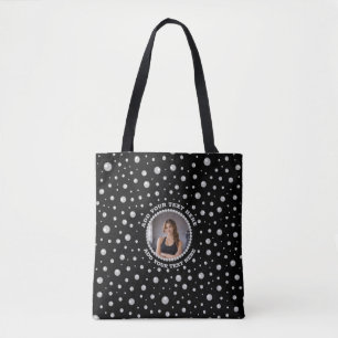 Persoonlijke foto met parels cirkel op zwart tote bag