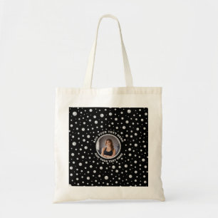 Persoonlijke foto met parels cirkel op zwart tote bag