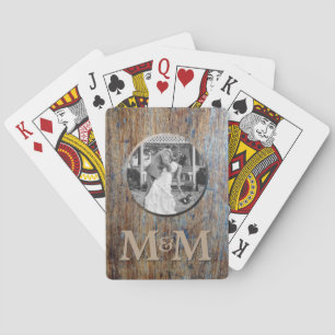 Persoonlijke foto Monogram Rustic Wood Wedding Pokerkaarten