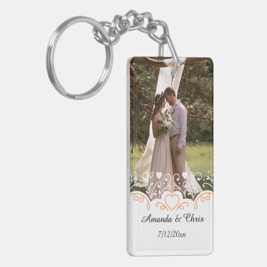 Persoonlijke foto, naam en datum voor bruiloft sleutelhanger (Voorkant Links)