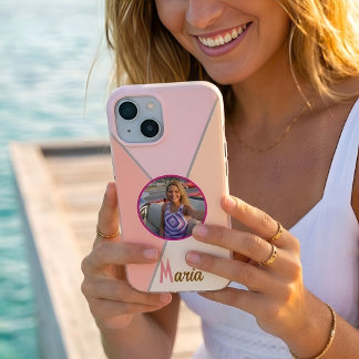 Persoonlijke foto & naam pastel roze kleurblok iPhone 15 case
