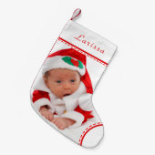 Persoonlijke foto Naam White red Trim Kerstmis Kleine Kerstsok (Voorkant (Hangend))