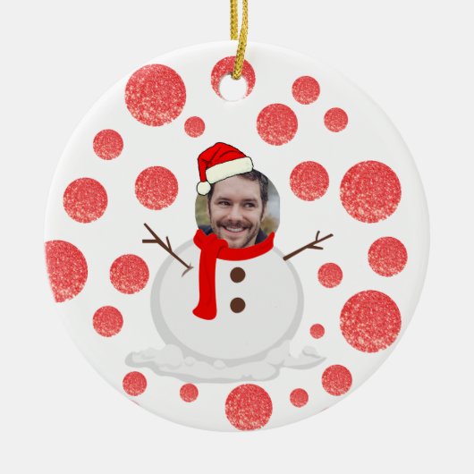 Persoonlijke foto op een grappig gezicht sneeuwman keramisch ornament (Voorkant)