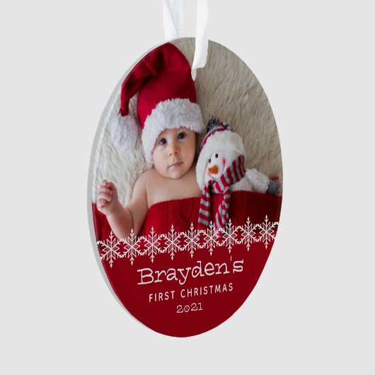 Persoonlijke foto Rode Witte baby's eerste Kerstmi Ornament (voorkant)