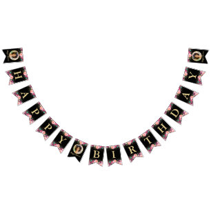 Persoonlijke foto Roze Floral Black Gold Birthday Vlaggetjes