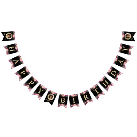 Persoonlijke foto Roze Floral Black Gold Birthday Vlaggetjes (Alle)