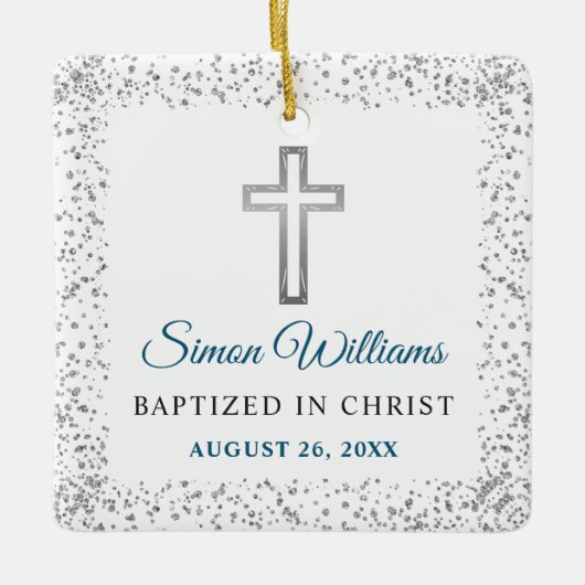 Persoonlijke foto Silver Glitter Cross Baptisme Keramisch Ornament (Voorkant)