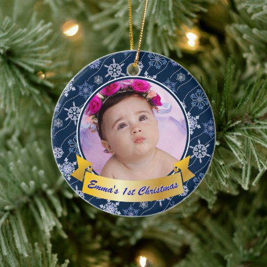 Persoonlijke foto Snowflake Navy Blue Keramisch Ornament (Boom)