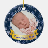 Persoonlijke foto Snowflake Navy Blue Keramisch Ornament (Achterkant)