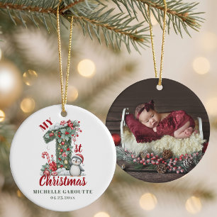 Persoonlijke foto van baby's 1e kerst met pinguïn keramisch ornament