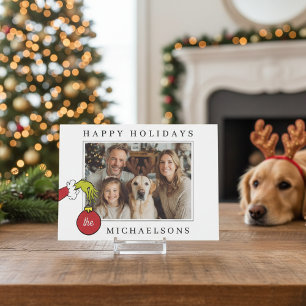 Persoonlijke foto van de Grinch met kerstbal Feestdagenkaart