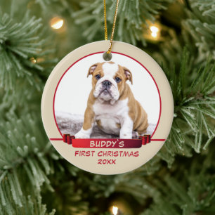 Persoonlijke foto van Puppy 1e kerstfoto Rood Keramisch Ornament
