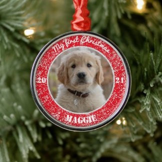 Persoonlijke foto van Puppy's eerste kerstfoto van Metalen Ornament