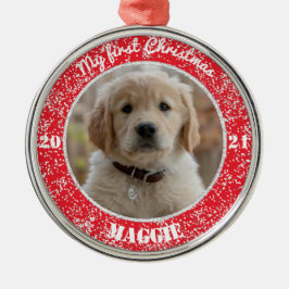 Persoonlijke foto van Puppy's eerste kerstfoto van Metalen Ornament