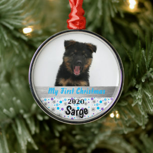 Persoonlijke foto van Puppy's eerste kerstfoto Zil Metalen Ornament