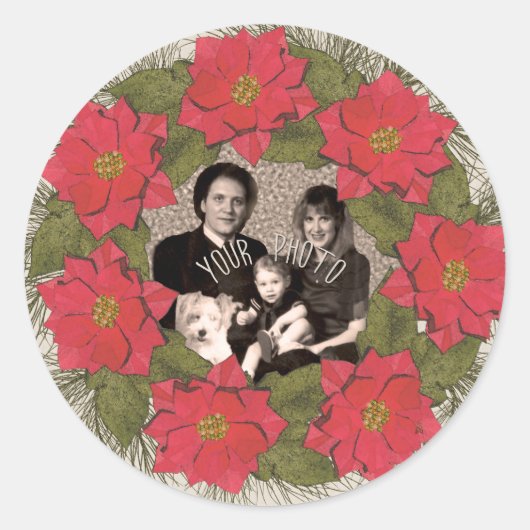 Persoonlijke foto Waterverf Poinsettia Wreath Ronde Sticker (Voorkant)