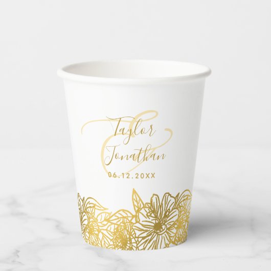 Persoonlijke foto witgouden bloemen chic huwelijk papieren bekers (Voorkant)