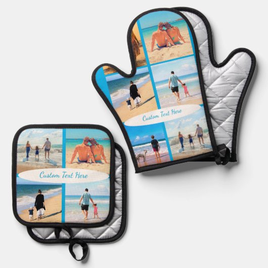 Persoonlijke fotocollage en aangepaste tekst ovenwant & pannenlap set (Voorkant / Achterkant)