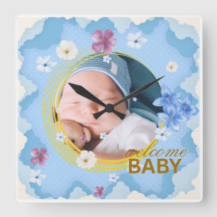 Persoonlijke Fotokop 'Welkom Baby Jongen' Vierkante Klok