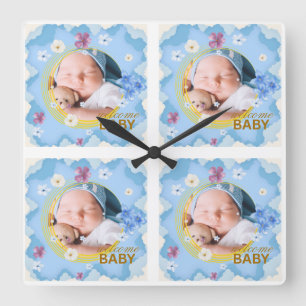 Persoonlijke Fotokop 'Welkom Baby Jongen' Vierkante Klok