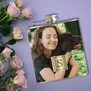 Persoonlijke fotolijst goud met zwart monogram heupfles