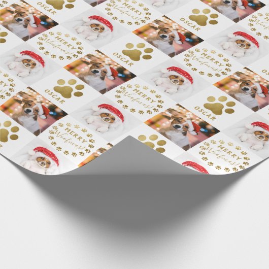 Persoonlijke foto's 2 Pet Dog Puppy White Gold Paw Cadeaupapier (Hoek)