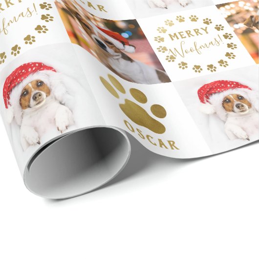 Persoonlijke foto's 2 Pet Dog Puppy White Gold Paw Cadeaupapier (Rol Hoek)