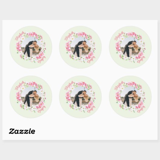 Persoonlijke foto's Floral Lijst met Bride Groom Ronde Sticker (Vel)