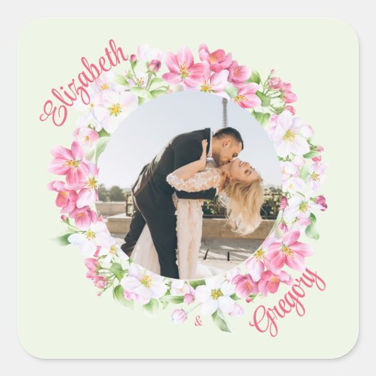 Persoonlijke foto's Floral Lijst met Bride Groom Vierkante Sticker (Voorkant)