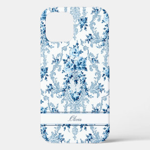 Persoonlijke Franse Rococo Blauwe & Witte Bloemen iPhone 12 Hoesje