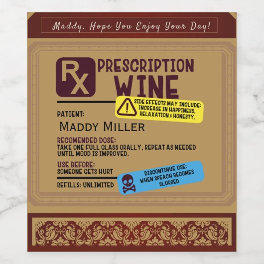 Persoonlijke Funny Burgundy Rx-recept Wijn Etiket (Enkel label)