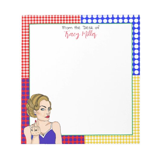 Persoonlijke Funny Retro Lady die de vogel viert Notitieblok (Voorkant)