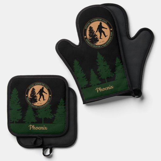 Persoonlijke Funny Sasquatch Locatie en Onderzoek Ovenwant & Pannenlap Set (Voorkant / Achterkant)