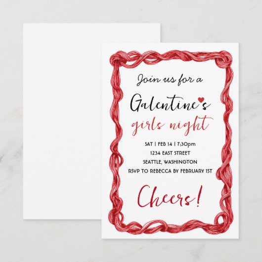Persoonlijke Galentines Rode Feest Uitnodiging (Voorkant / Achterkant)