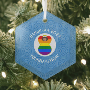 Persoonlijke Gay Pride Bruine Engel Hanukkah Vlag Glas Ornament