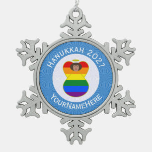 Persoonlijke Gay Pride Bruine Engel Hanukkah Vlag Tin Sneeuwvlok Ornament