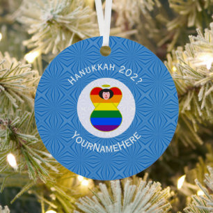 Persoonlijke Gay Pride Engel Zwart Haar Hanukkah V Metalen Ornament
