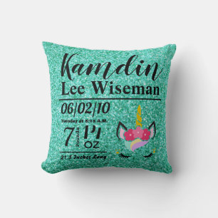 Persoonlijke Geboorte Eenhoorn Teal Glitter Kussen