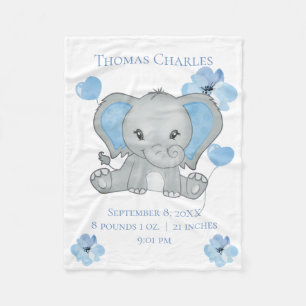Persoonlijke Geboorte Stats Baby Olifant Blauw Gri Fleece Deken
