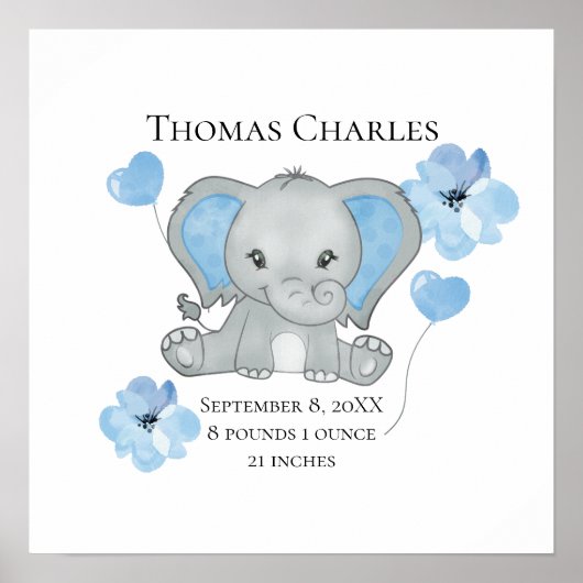 Persoonlijke Geboorte Stats Baby Olifant Blauw Gri Poster (Voorkant)