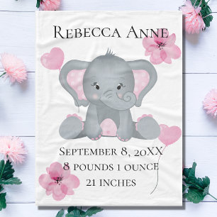 Persoonlijke Geboorte Stats Baby Olifant Roze Grij Fleece Deken