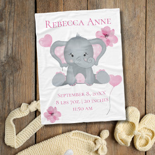Persoonlijke Geboorte Stats Baby Olifant Roze Grij Fleece Deken