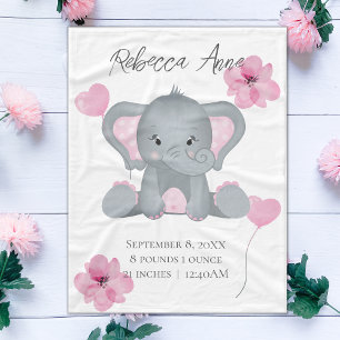 Persoonlijke Geboorte Stats Baby Olifant Roze Grij Fleece Deken